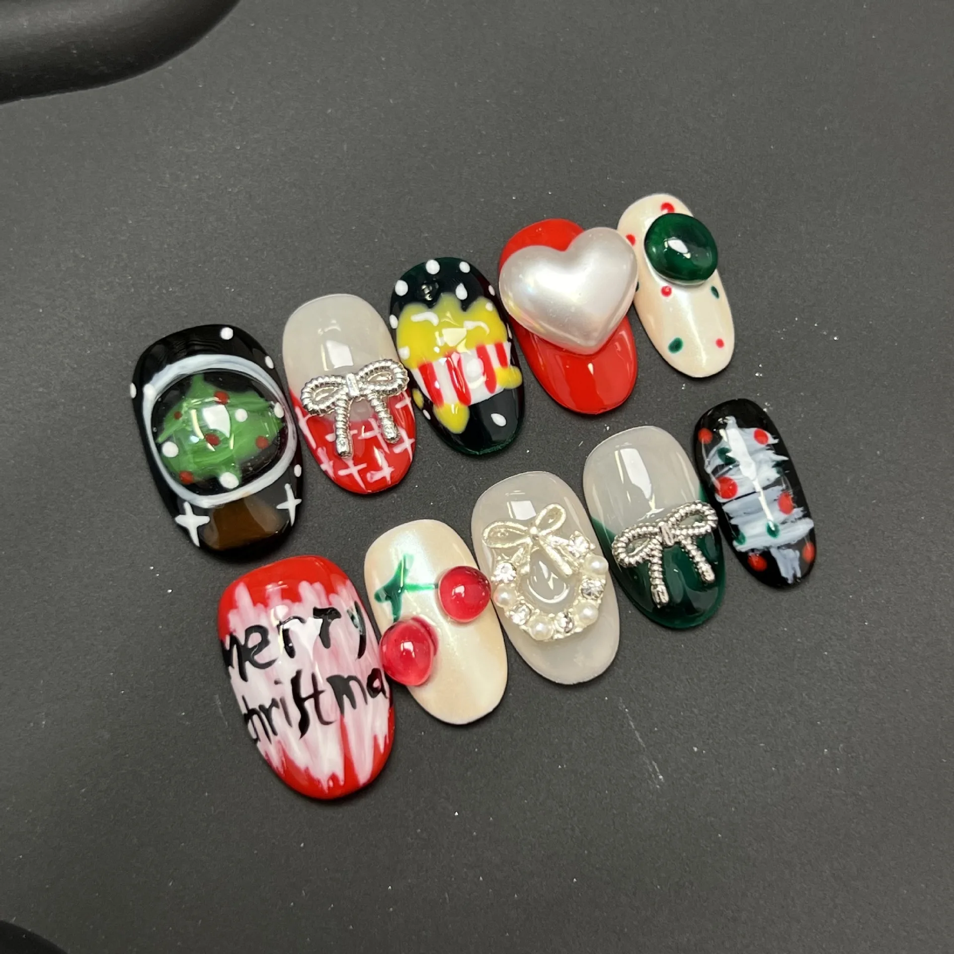 10 Uds. De uñas postizas hechas a mano con lazo 3D, diseño de cereza y perla de amor, uñas postizas redondas cortas y dulces