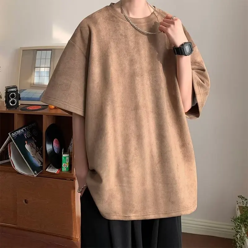 Brown Suede Round Neck Short Sleeve T-Shirt For Men Summer American Style Fashion Tops