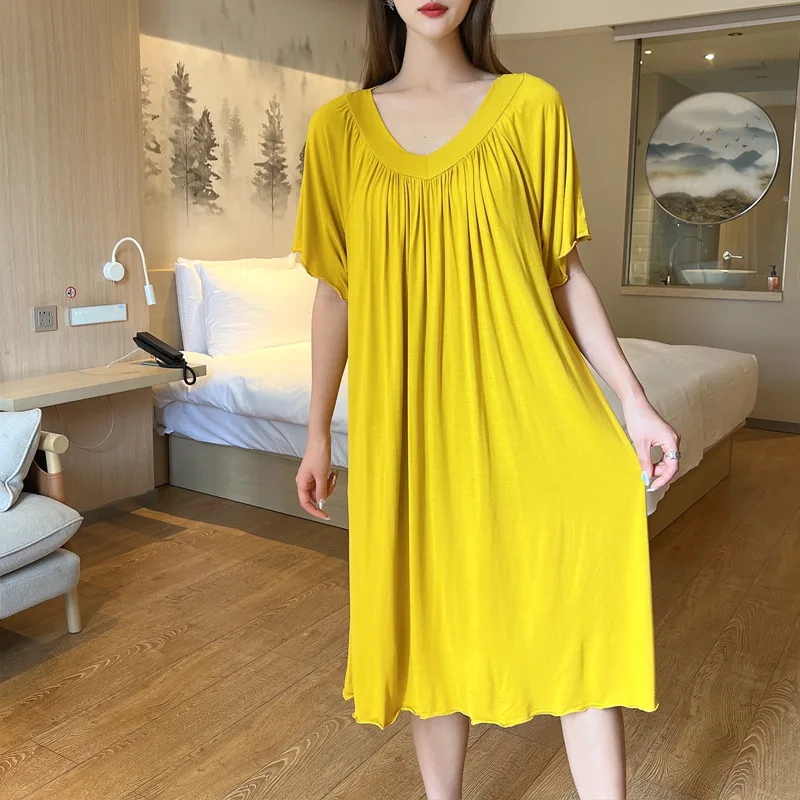 

Modal Nightgowns Summer Women's Nightwear Nightdress Thin Short Sleeve Sleepwear Loose Plus Size Homewear Fold Night Dress