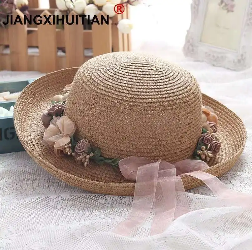 2018 Summer New Women's Sun Hat beige lace Bowknot Flowers Ribbon Flanging Straw Hat Beach Caps Head Circumference 55-58 cm