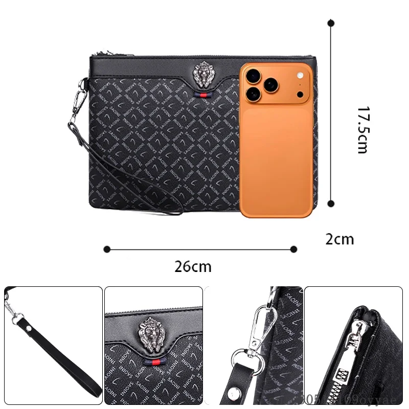 Men's Business Casual Clutch Bag Lion Head Metal Buckle Decorative Handbag for Business Casual Envelope Card pack Phone Purse
