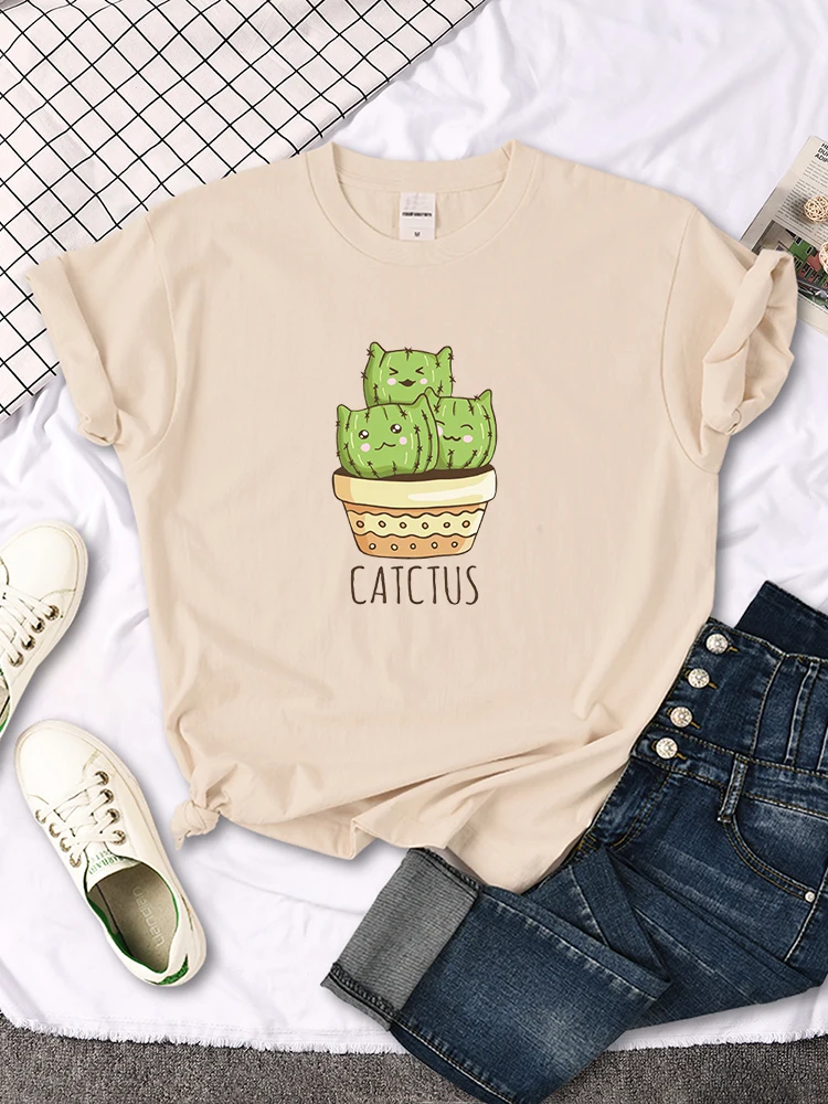 female Short sleeve Three cute cacti Cartoon printed T shirt womens kawaii oversized Soft Loose tops summer All-match Slim tees