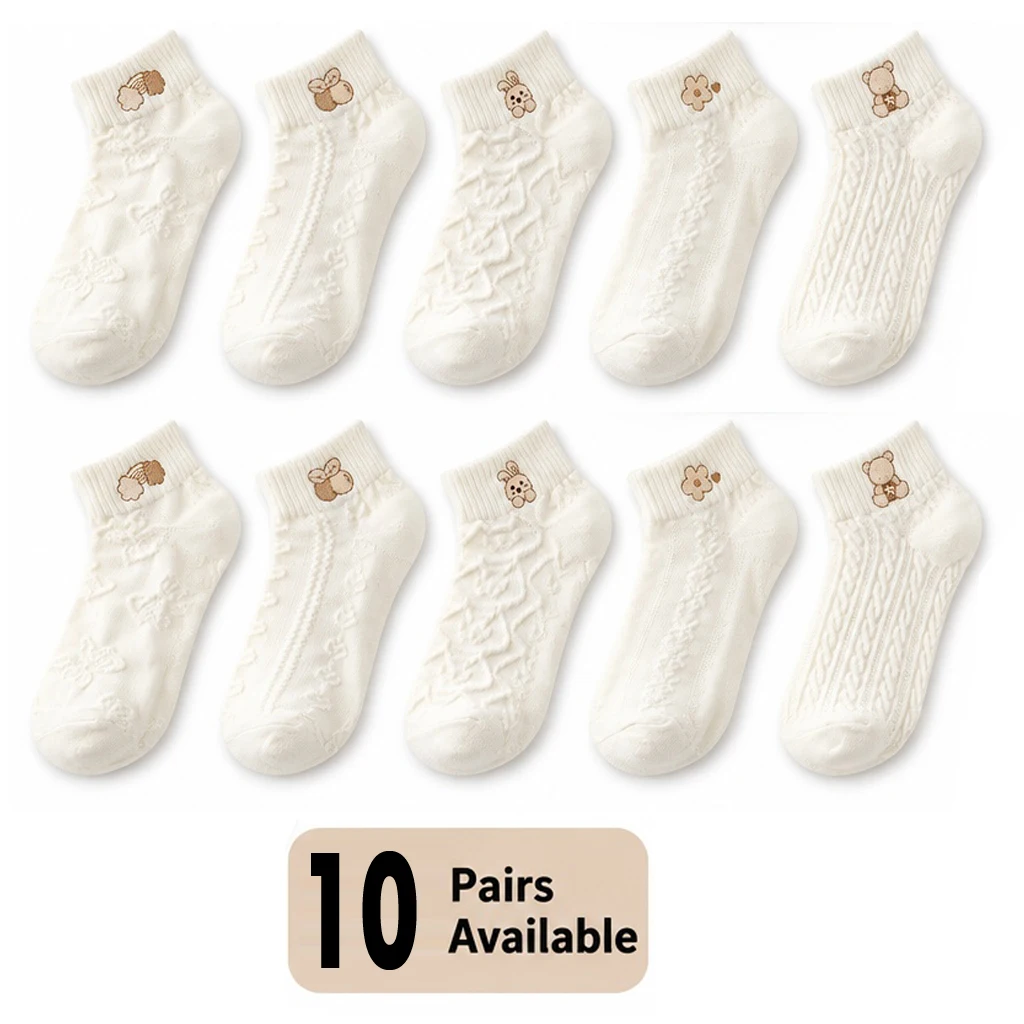 5/10 Pairs Cute Cartoon Women Ankle Socks, Bear Rabbit Embossed Knit Socks, Soft Casual Short Socks for Girls Holiday Gift