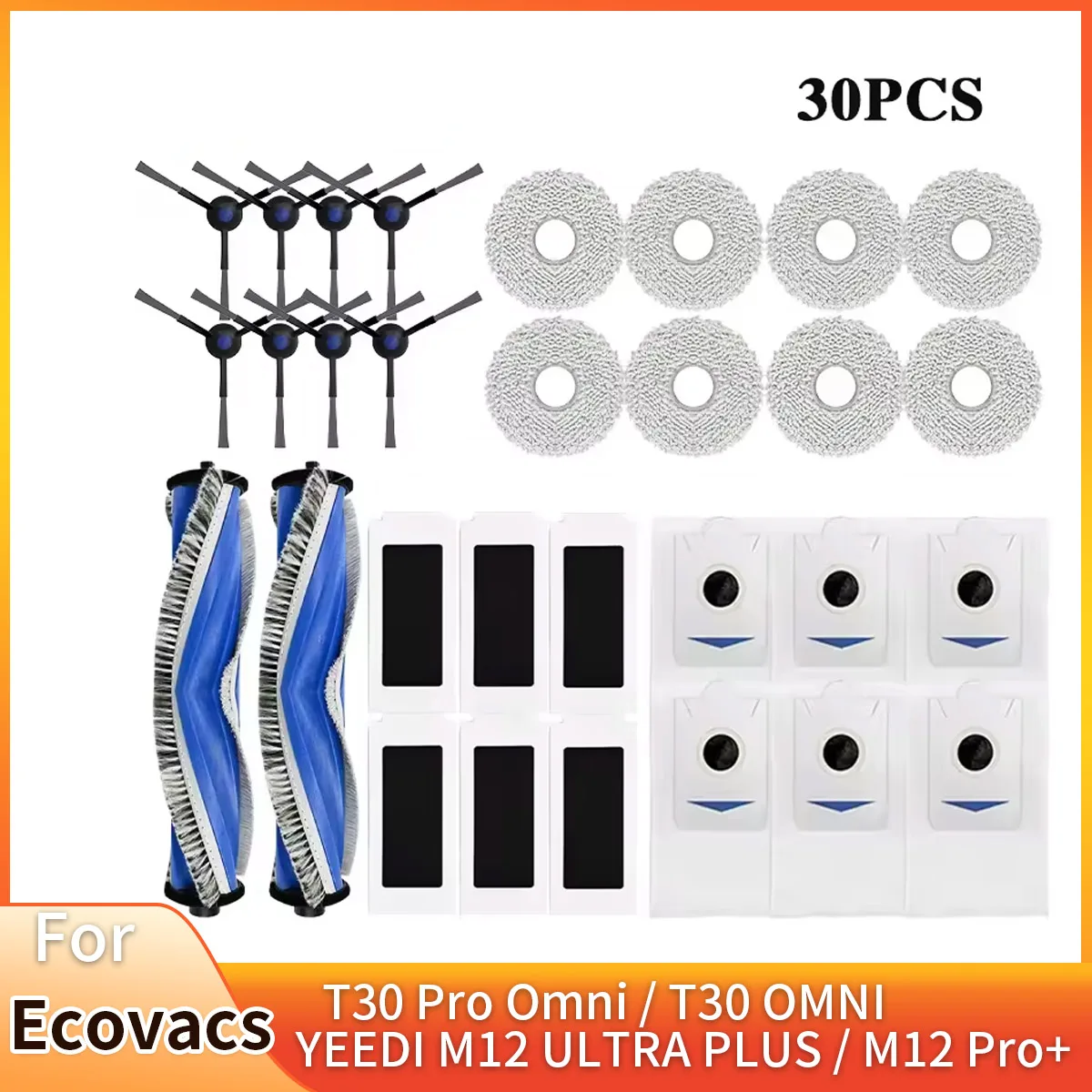 Main Roller For Ecovacs T30 Pro Omni / T30 OMNI, YEEDI M12 ULTRA PLUS / M12 Pro+ Parts Side Brush Filter Dust Bag Mop Cloth