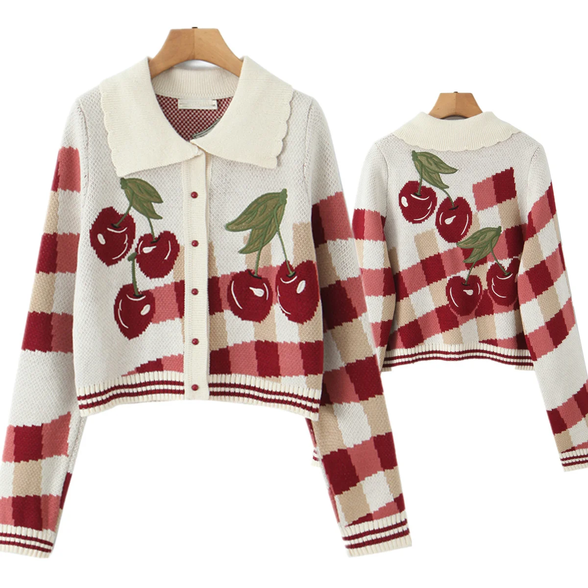 

Maxdutti Autumn Winter Women's Jacket Woman Clothes Tops Vintage Cherry Embroidery Jacquard Knitted Jacket Cardigan Coat For Wom