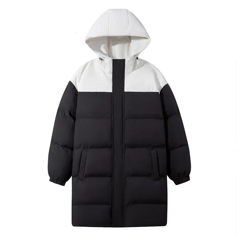 Man Down Jacket Winter New Contrast Color Long Sleeve Men Coat Thicken Warm Windproof Mid Length Loose Hooded Male Outerwear