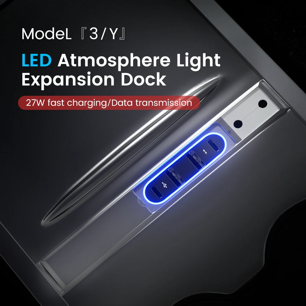 27W Quick Charger USB Shunt Hub Colorful LED For Tesla Model 3 Y 2021 2022 Intelligent Docking Station Power Splitter Extension