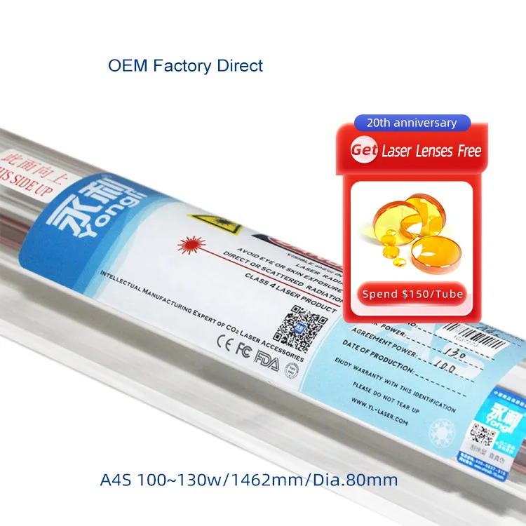 

Yongli 100W 130W CO2 Glass Laser Tube 1462mm Length Dia 80mm For Laser Engraving And Cutting Machine (Buy More Discounts)