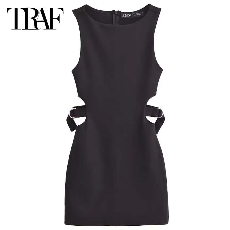 TRAFBlack فساتين قصيرة النساء 2024 فستان نسائي بلا أكمام قطع حزام Vestidos صغيرة س الرقبة فستان جديد فساتين حريمي عادية