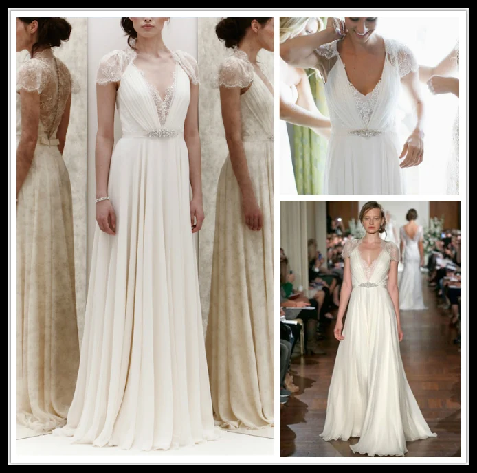 Vintage Jenny Packham Sommer Strand Hochzeit Kleider Sexy Tiefe V Neck Cap Hülse Spitze Perlen Chiffon Mantel Brautkleid Vestidos