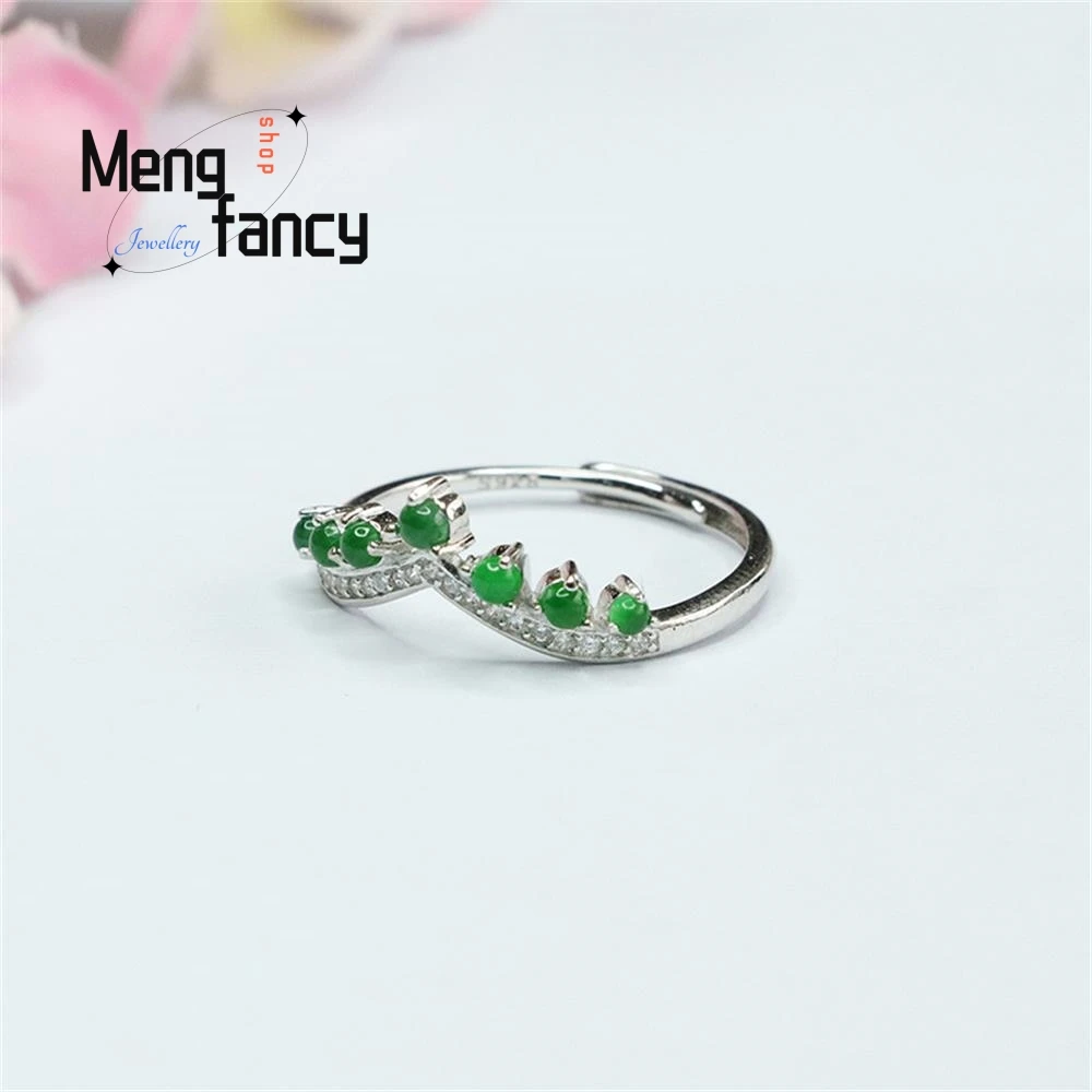 S925 Silver Lnlaid Natural Jadeite Crown Ice Type Imperial Green Ring Exquisite Elegant Simple High-grade Luxury Quality Jewelry