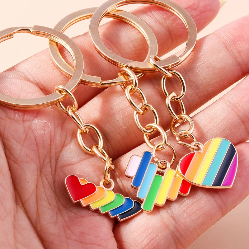 Cute Enamel Rainbow Love Heart Keychain Women Girl Key Ring Pendant for Car Key Holder Handbag Decor DIY Handmade Jewelry Gift