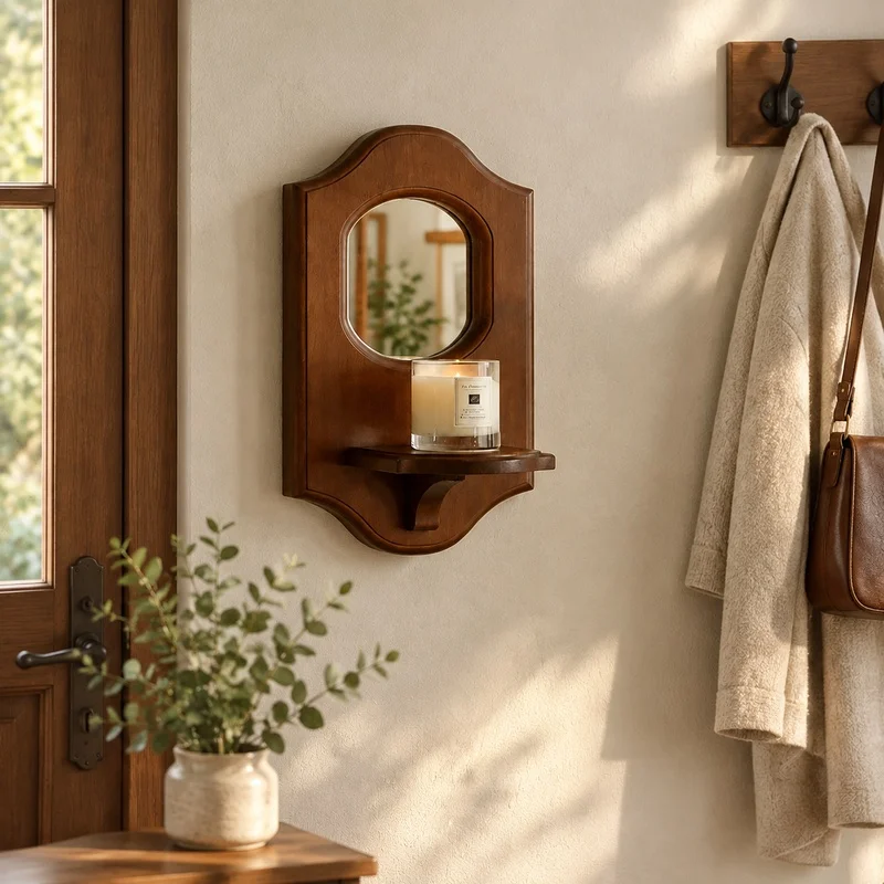 Wooden Rustic Wall Mirror Featuring Shelf and Candle Stand for Aromatherapy Display and Hanging Decoration