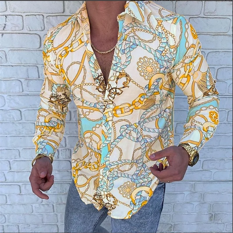 

Fashionable Men's Shirt Casual Striped 3D Chain Printed Long Sleeve Top Men's Top High Quality Fashion Top