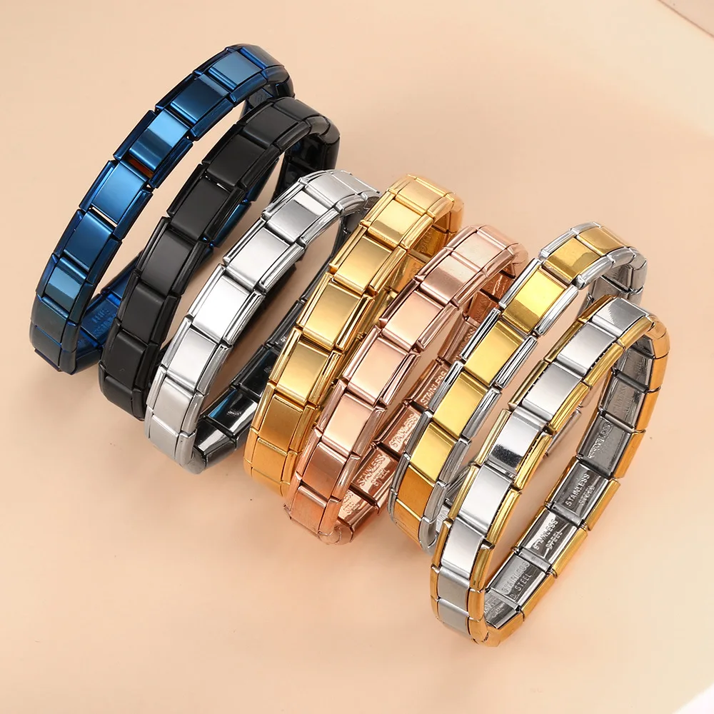 Trendy Square Italy Stainless Steel Bracelets For Women Men HipHop Metal Italian 18 Modules Bracelet Stretchable Jewelry