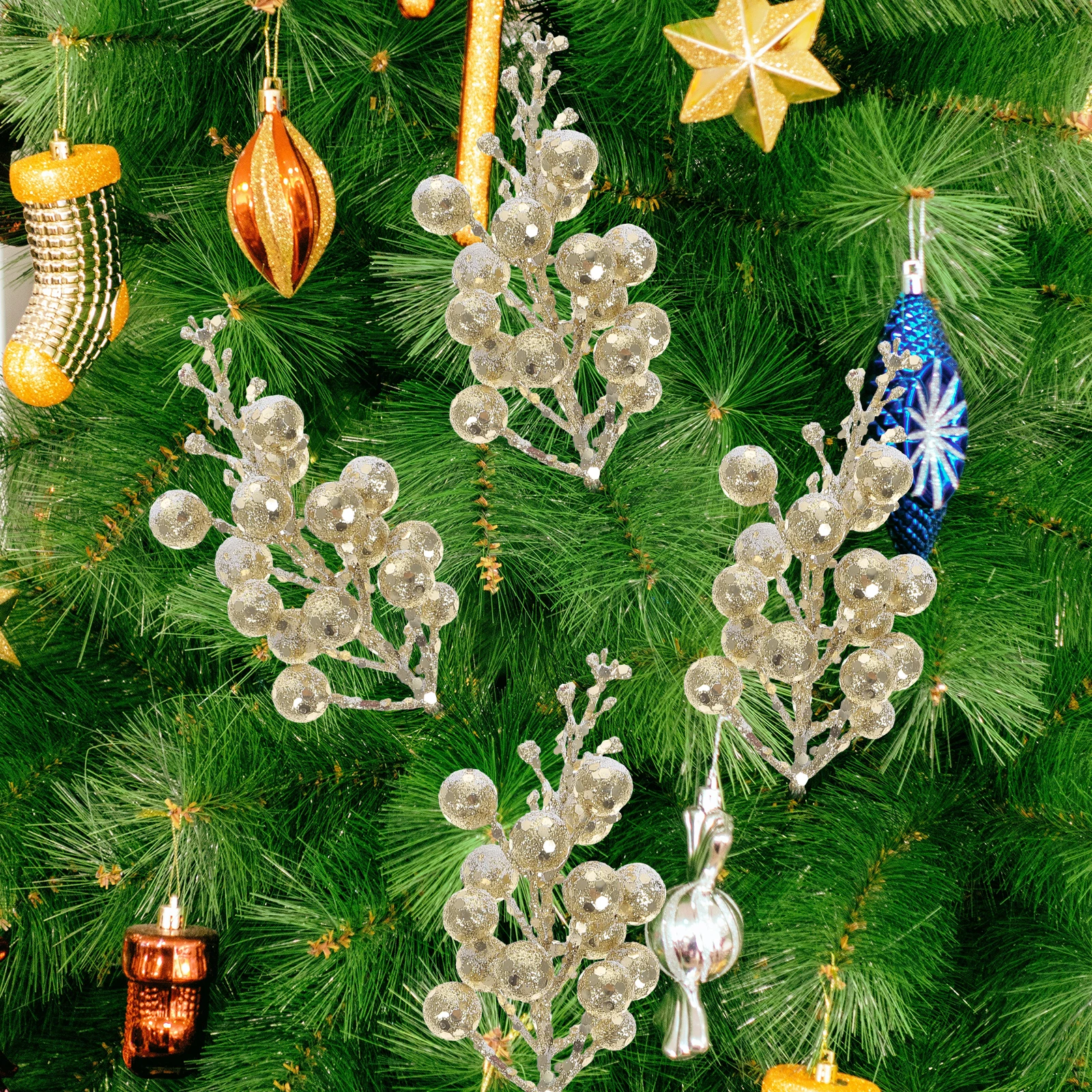 

10pcs Artificial Stems Glitter Fake Christmas Tree Wreath Decorations Party Atmosphere Vase Centerpiece Decoration Winter