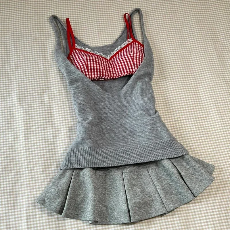 Sweet Solid Gray Crop Tops Sexy Sleeveless Slim Tank Top Fashion Y2K High Street Casual Camis Women Clothes 2024 Summer New