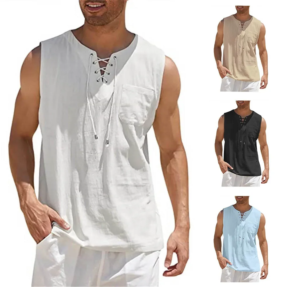 

Men Summer Linen Tank Top Sleeveless T-Shirt Lace-up Design Solid Color Shirt Loose Fit Vest Daily Cotton Linen Vest Clothing