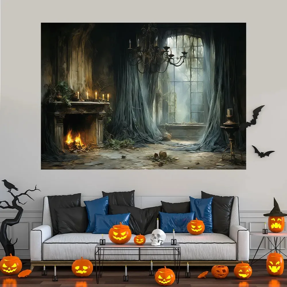 Abandoned Castle Fireplace Background, Halloween Party Horror Home Wall Tapestry Decoration Studio Photo Booth Props