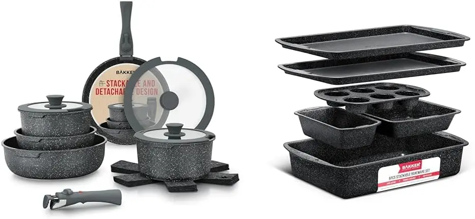 

Bakken-Swiss Detachable 15-Piece Cookware Set – Granite Non-Stick – Eco-Friendly & Bakeware Set – 6 Piece – Stackabl