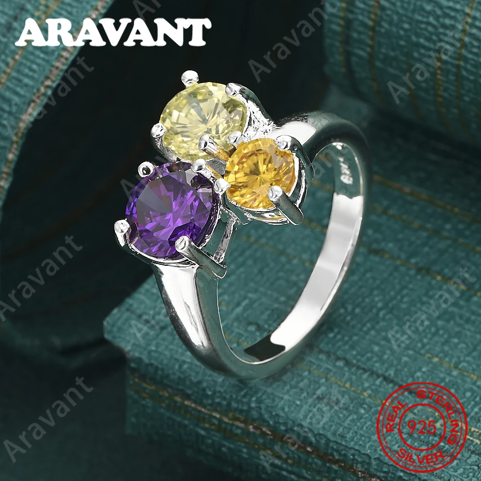 Dreifarbiger runder Zirkonia-Ring aus 925er Sterlingsilber, exquisiter und süßer Hochzeitsschmuck für Frauen