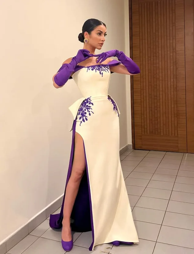 Exquisite White Purple Evening Dresses Off-Shoulder Formal Party Dress Embroidered Slit Arabic Ball Gown Customized