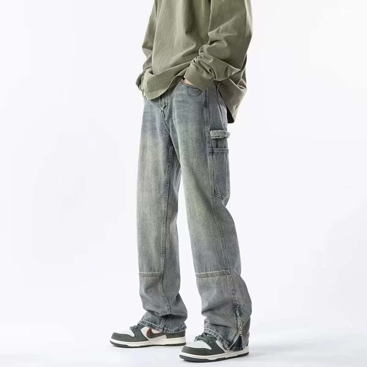 

High street zipper denim pants, men's American-style vintage workwear, loose straight-cut wide-leg pants