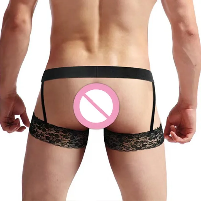 Backless Panties Men Sexy Underwear Lace Garter Belt Showing Butt Buttocks Thong Shorts Erotic Hombre Male Lingerie Gay