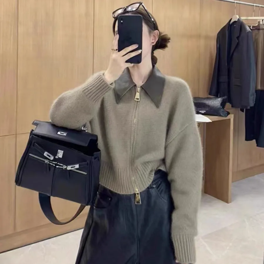 Elegant Leather  Neck Knitted Open Cardigan Women's Double Zipper Lazy Style Sweater Jacket Loose Fit Bright Thread