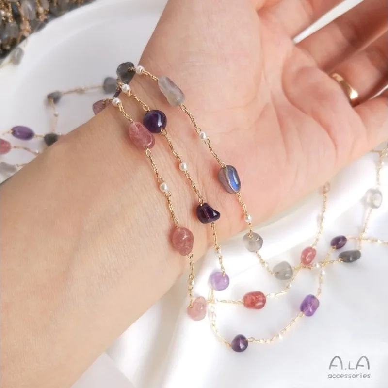 14K Gold Color Handmade Chain Strawberry Crystal Elongated Stone Amethyst Rectangular Chain DIY Bracelet Jewelry Accessories