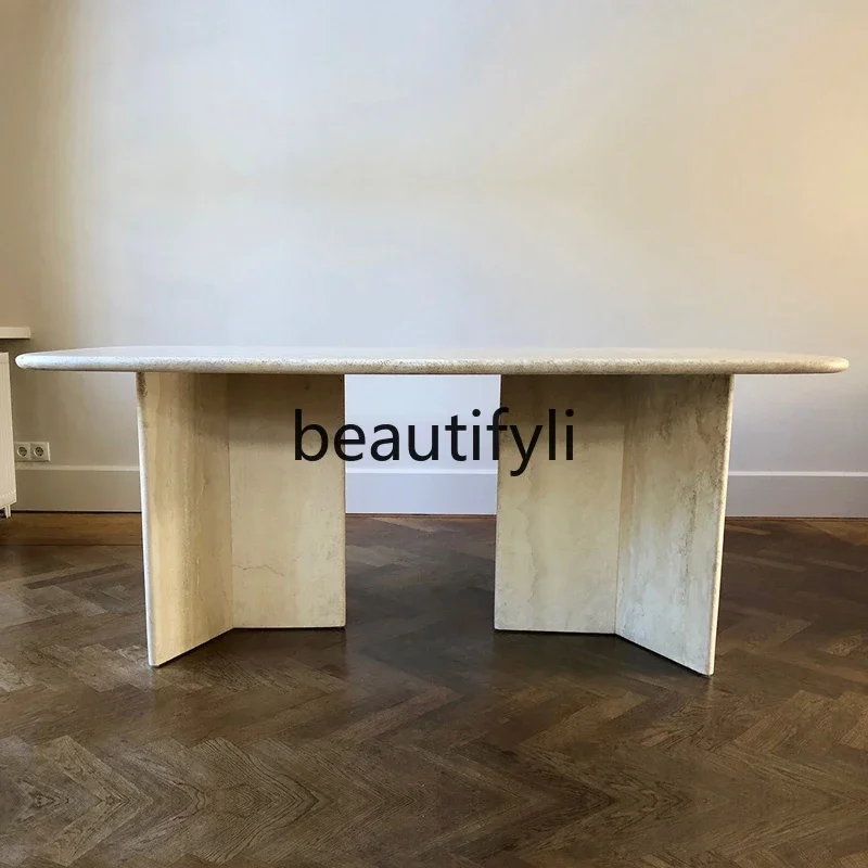 

smt1 Nordic cream wind tunnel stone dining table rectangular light luxury household small apartment wabi sandy wind creative mar