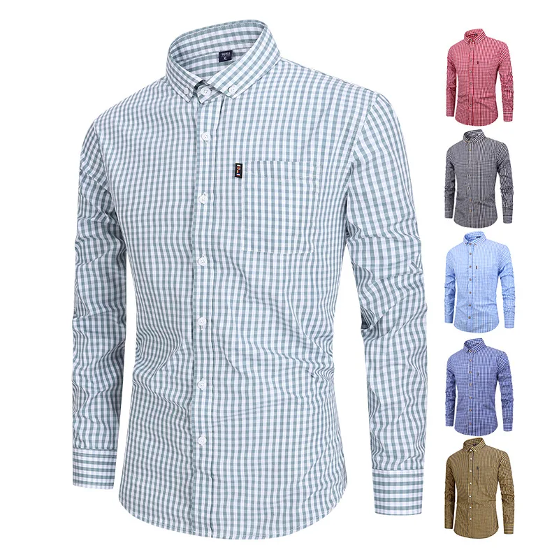 Us size 100% cotton men\'s long sleeve shirt with pocket plaid non-ironing casual high quality breathable plus size slim fit