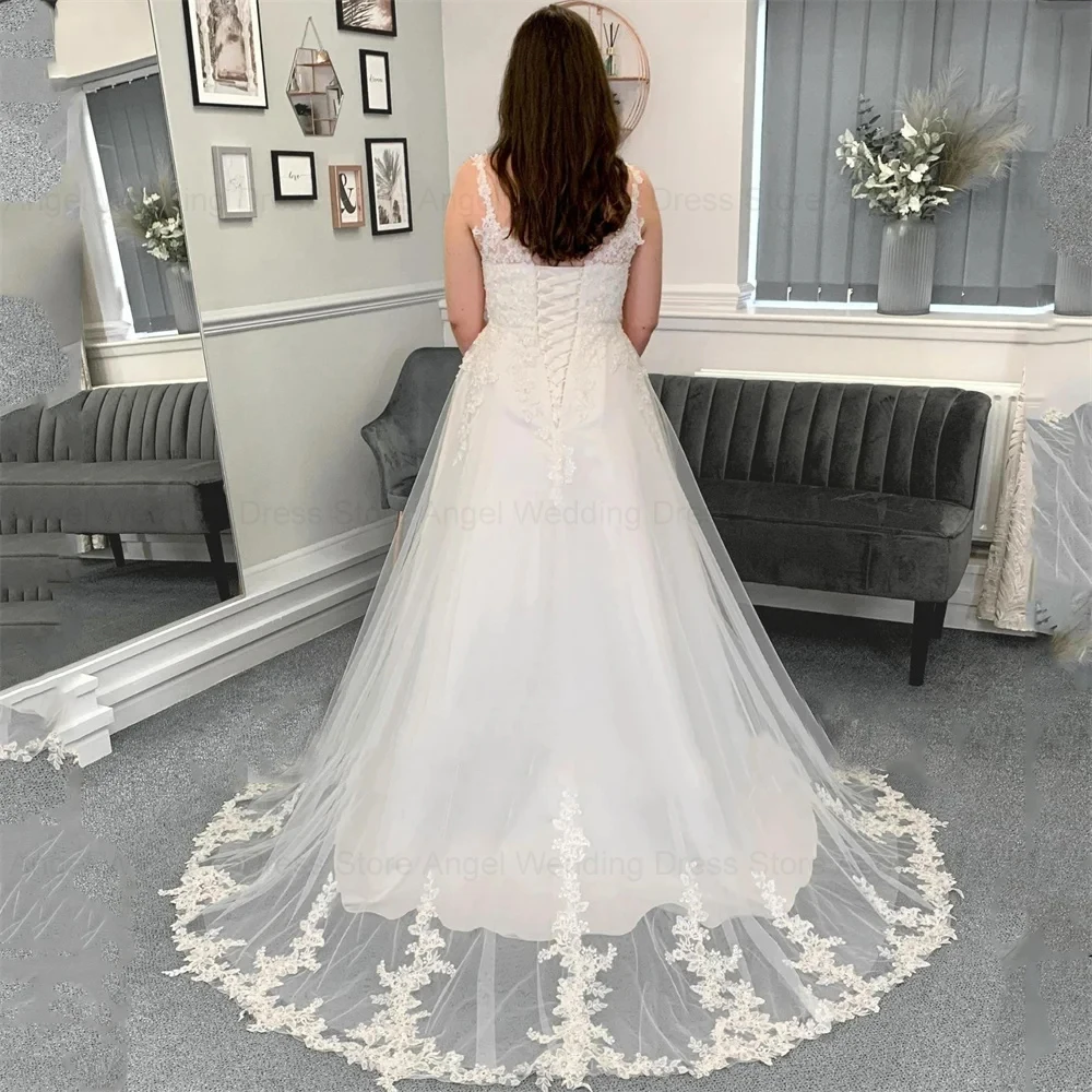 ANGEL V-Neck Spaghetti Straps Lace Wedding Dresses For Women Appliques A Line Lace-up Back Boho Tulle Brides Gown Sweep Train