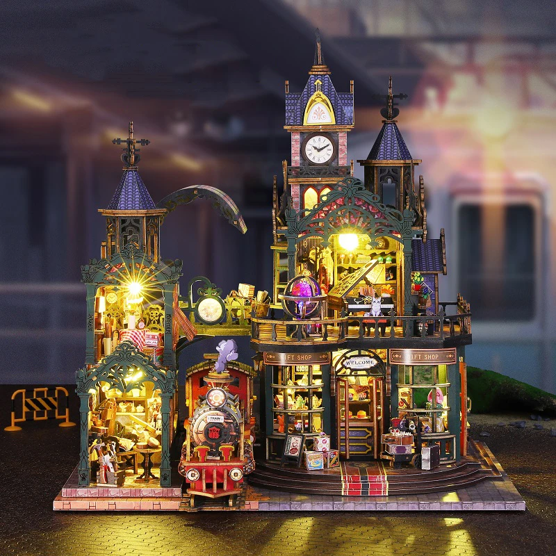 DIY Szyna Kolejowa Urocze Miasteczko Domki dla Lalek Drewniany Miniaturowy Model Zestaw Puzzle 3D Magiczny Domek dla Lalek z Meblami na Prezent dla Przyjaciół