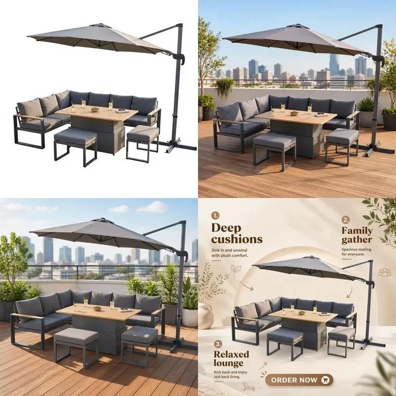 Modern wrought iron corner sofa set waterproof folding outdoor garden furniture with parasol