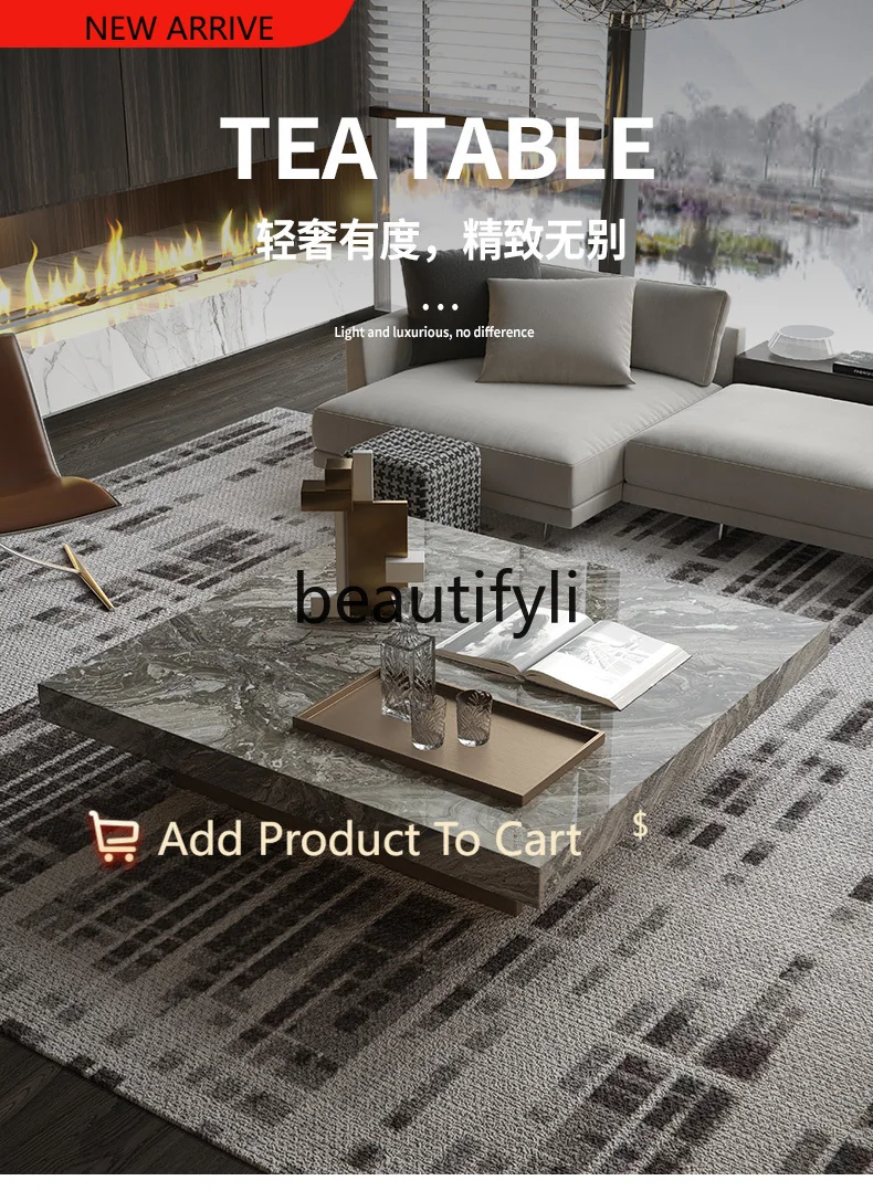 

Natural marble coffee table square living room large apartment minimalist luxury stone designer G1218
