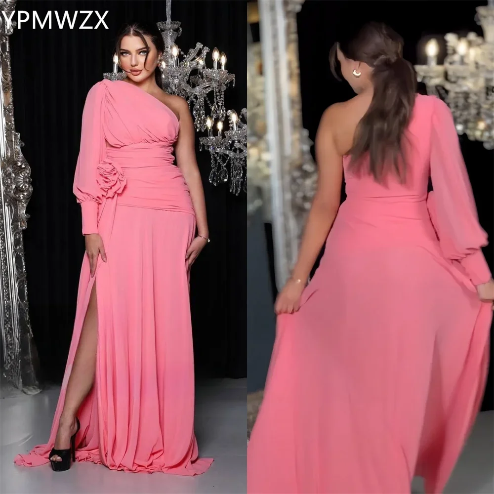 

Customized Party Dress Occasion Prom Gown Evening Formal YPMWZX One-shoulder A-line Floor Length Skirts Draped 3D Flower Bespoke