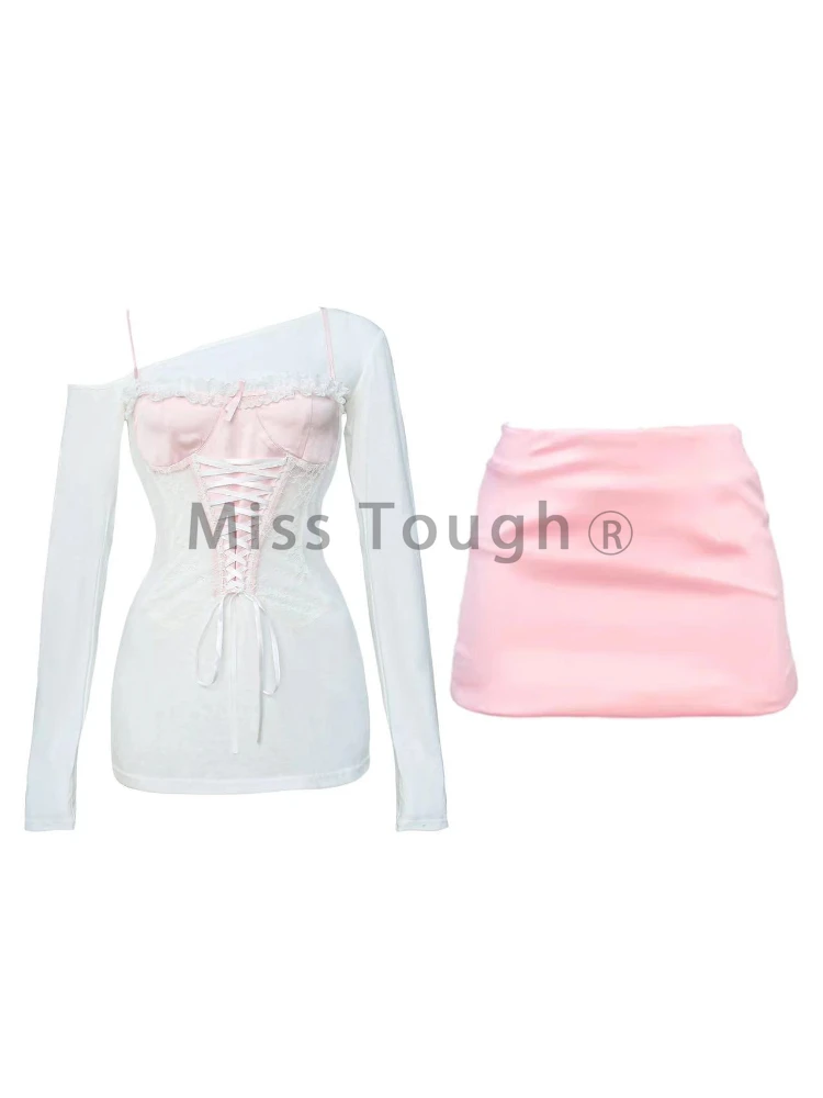 Autumn Winter Sexy Sweet New 2 Piece Set Women Off Shoulder Top + Pink Skirt Female Y2k Style Design Lolita Kawaii Suit 2024