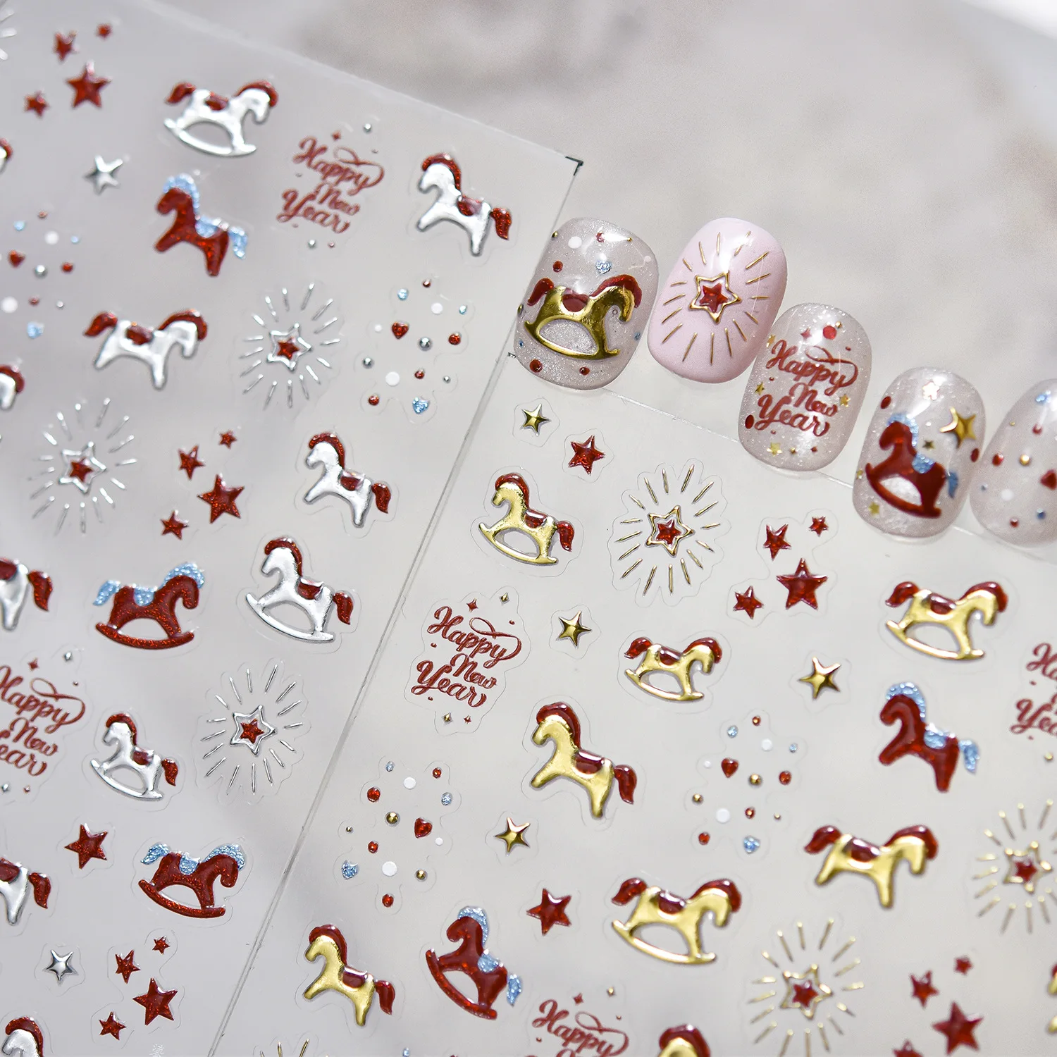 Chinese New Year Gold Stamping Trojan Horse Splendid Firework Pentagram Holy Light Star Adhesive Nail Art Sticker Manicure Decal