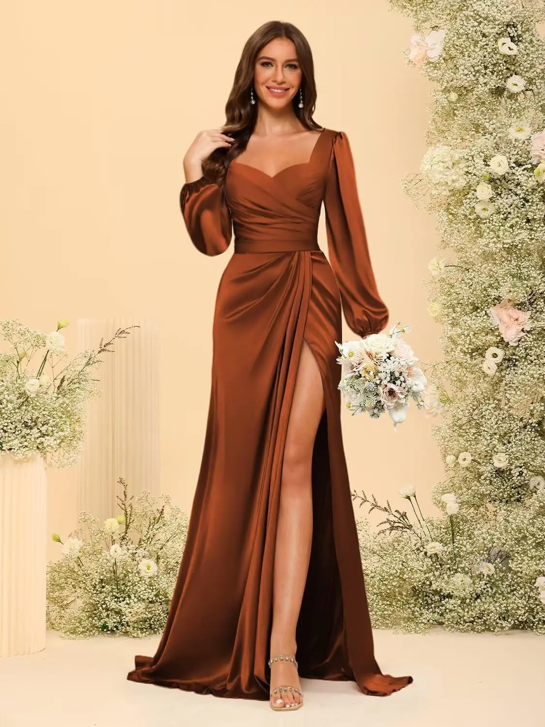 فساتين وصيفة الشرف من الساتان برقبة على شكل حرف V للنساء مع فستان سهرة رسمي طويل بطيات