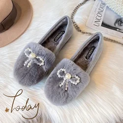 Thick Sole Round Toe Warm Plus Velvet Cotton Shoes Women Fashion Bow Tie Anti-slip Pearls Loafers Plus Size  Zapatillas 2023