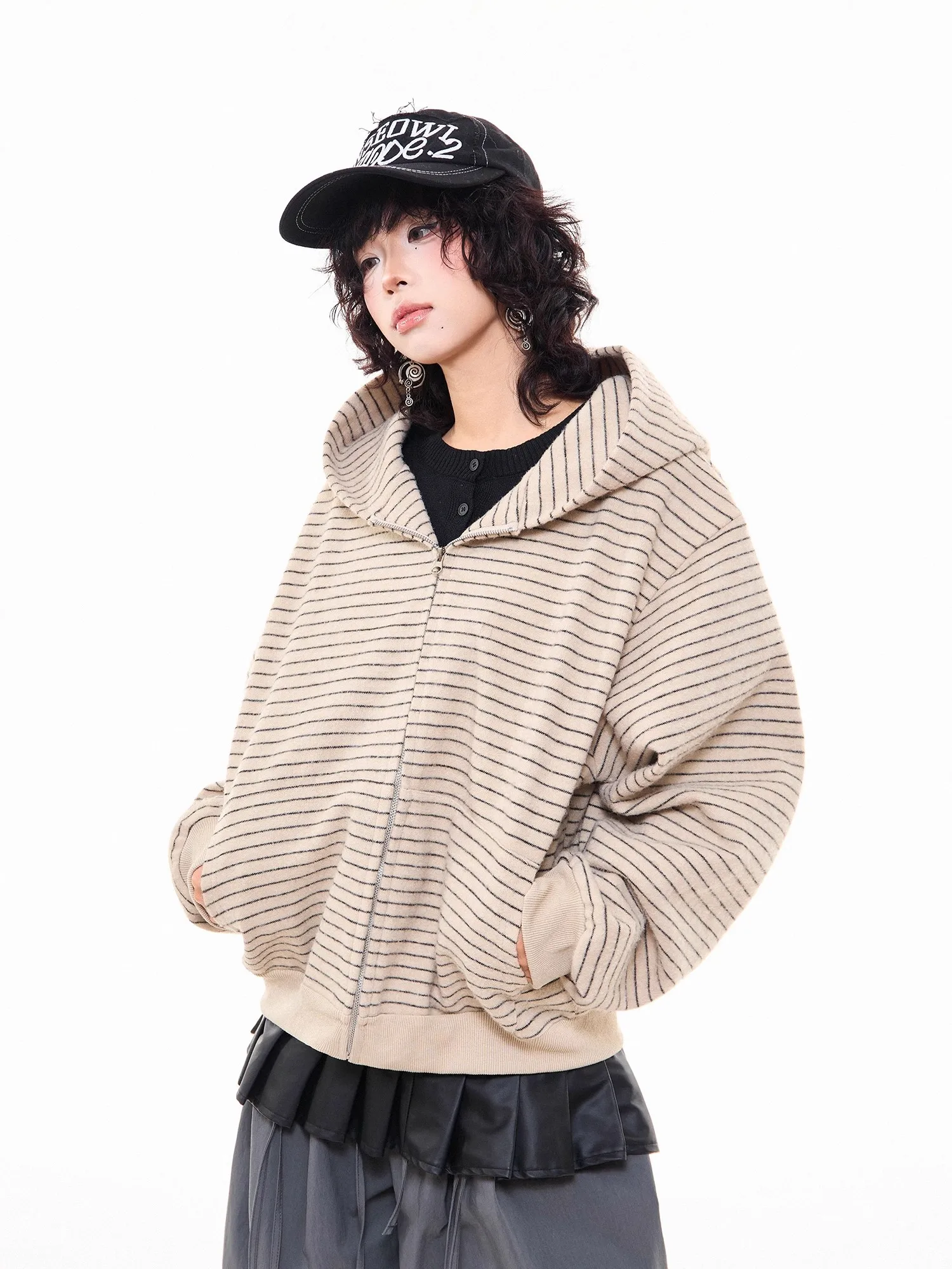 American Retro Fce Stripe Zipper Open Cardigan Loose Women's Hoodie Autumn Simple Versatile Couple ort Outerwear