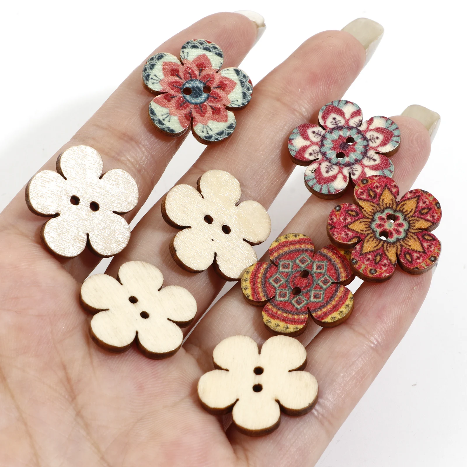 50 PCs Wood Ethnic Sewing Buttons Scrapbooking 2 Holes Flower At Random Color for Handwork Sewing Clothing Button DIY Crafts