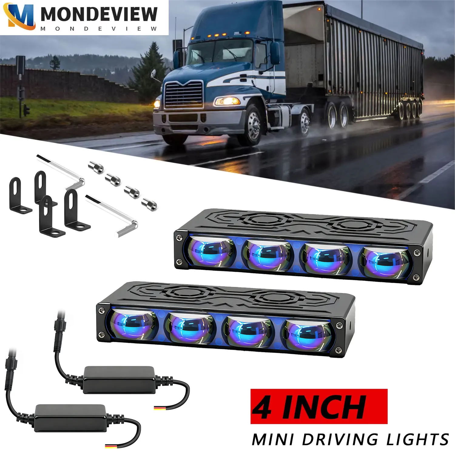 MONDEVIEW 2pcs 4-inch blue film four lens car grille light, car auxiliary driving light, truck driving light