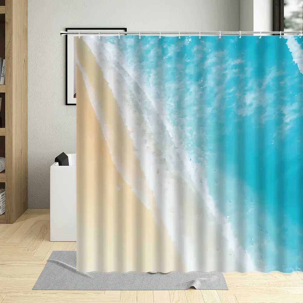 Natural Scenery Seaside Waves Vacation Shower Curtain Sunlight Cloud Beach Bath Decor Polyester Cloth Curtain Set With Hooks