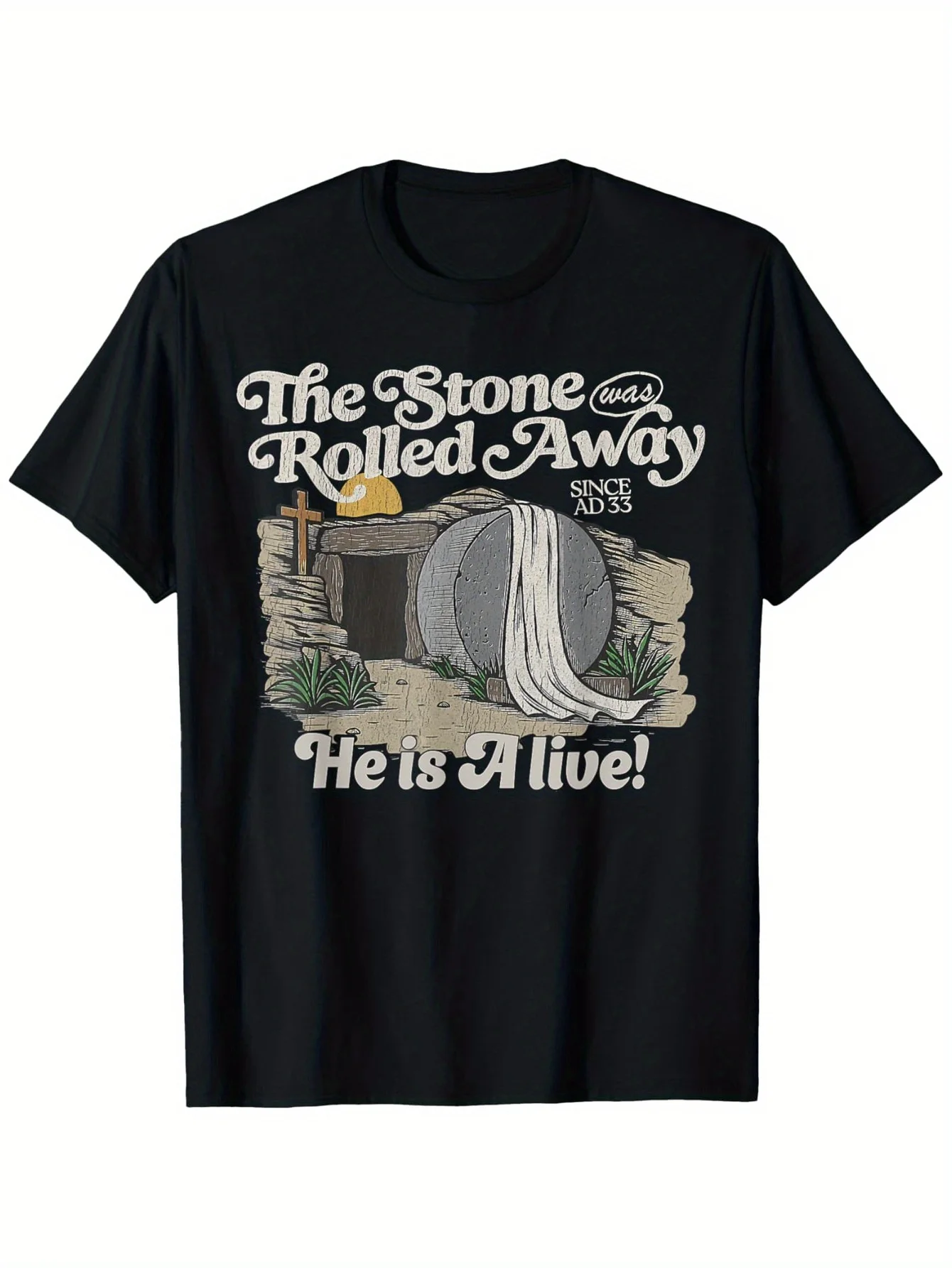 T-shirt chrétien rétro « The Stone Was Rolled Away He Is Alive », haut en coton tendance à manches courtes, style streetwear