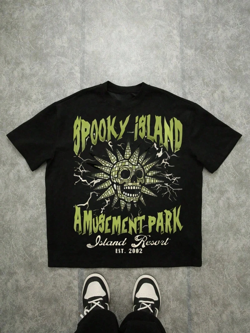 

Ghost Island Amusement Park Skeleton Printed T-shirt for Men and Women Casual Extra Large Short Sleeve American Hip Hop