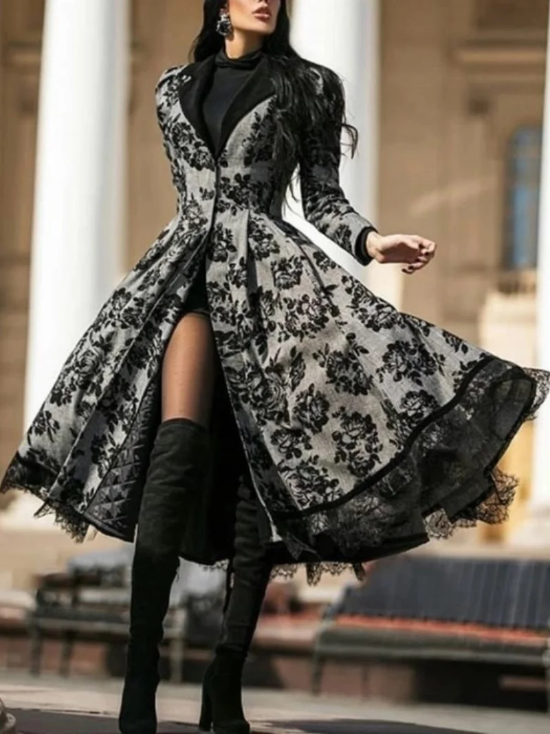Vintage Lace Patchwork Trench Jacket Spring Clothes Women Tunic Big Swing Long Coats Female Casual Windbreaker Fashion Outerwear