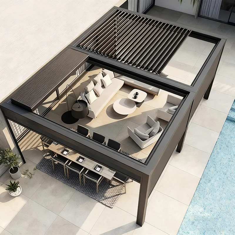 Wall Mounted Outdoor Motorized Aluminum Pergola with Powder Coated Finish Balcony Garden Louvre Roof Awning