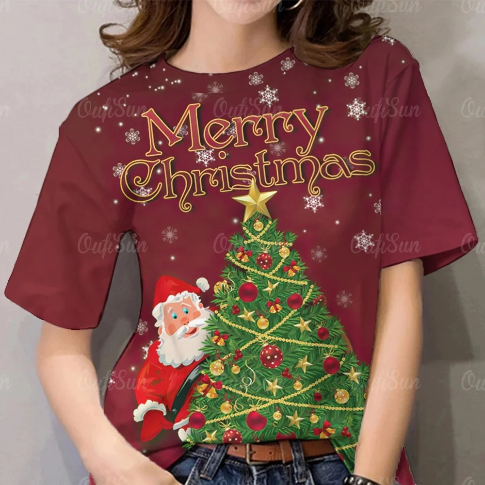 تي شيرت نسائي لعيد الميلاد 2026 - تصميم شجرة وسانتا، مطبوع ثلاثي الأبعاد، التسامي الكامل #5
